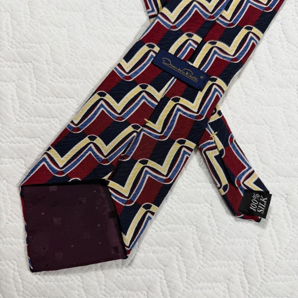 Vintage Oscar de la Renta Men's 100% Silk Tie Geometric Burgundy Navy Yellow USA